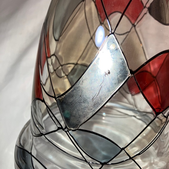 Vintage Stained Glass Wine Decanter With Stopper. Silver, blue, red with black. - Picture 5 of 9